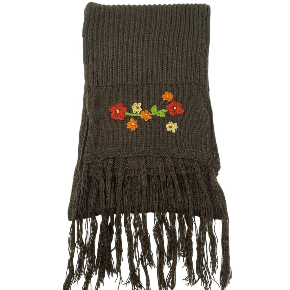 Nick & Nora Y2K Chocolate Brown Fringe Embroidered Knit Scarf 92x9 Flowers 2000s